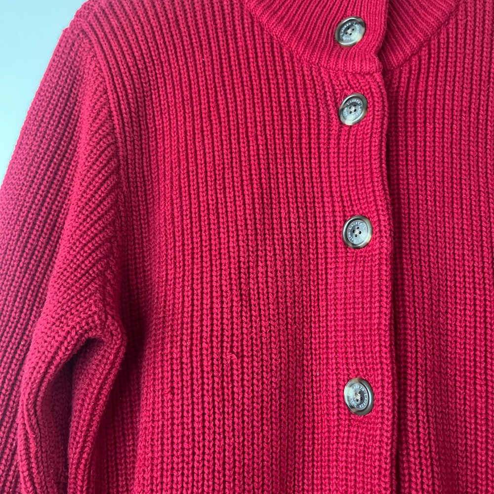 Lauren Ralph Lauren Red Black Stripe Knit Sweater Coat Cardigan Cotton - Picture 9 of 9